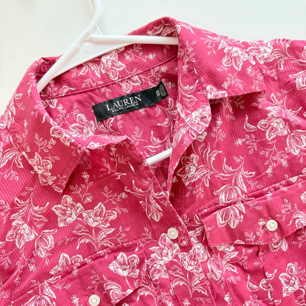 Lauren Ralph Lauren Button Down Women‎ XS Pink Floral Corduroy Long Sleeve Shirt